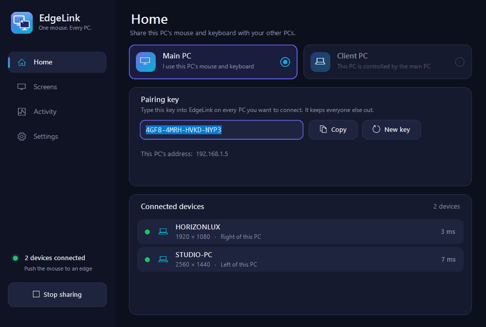 EdgeLink showing two connected PCs with their latency